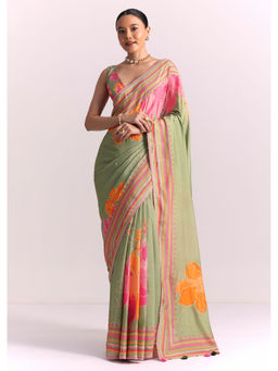KALKI FASHION - Green Floral Print Mirror Work Saree with Unstitched Blouse