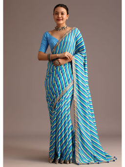 KALKI FASHION - Blue Stripe Printed Mirror Work Muslin Saree with Unstitched Blouse