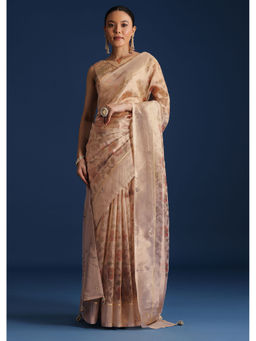 KALKI FASHION - Beige Tissue Chanderi Floral Print Zardozi Work Saree with Unstitched Blouse