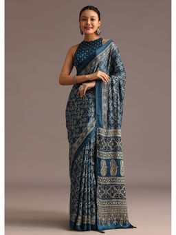 KALKI FASHION - Navy Blue Satin Ajrakh Print Mirror Work Saree with Unstitched Blouse