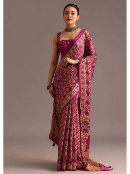 KALKI FASHION - Purple Satin Ajrakh Print Mirror Work Saree with Unstitched Blouse