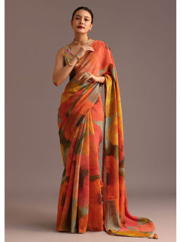 KALKI FASHION - Orange Printed Tassels Crush Saree with Unstitched Blouse