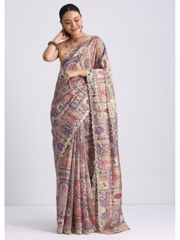 KALKI FASHION - Lavender Tussar Silk Printed Mirror Work Saree with Unstitched Blouse