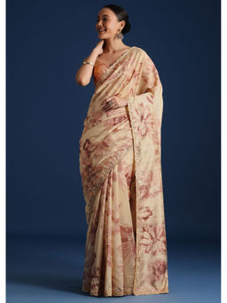 KALKI FASHION - Beige Tussar Silk Floral Printed Mirror Work Saree with Unstitched Blouse