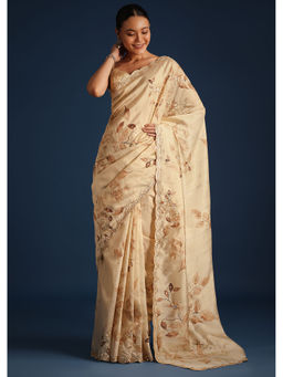 KALKI FASHION - Cream Tussar Silk Floral Print Mirror Work Saree with Unstitched Blouse