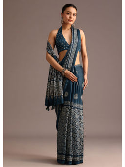 KALKI FASHION - Navy Blue Satin Ajrakh Print Mirror Work Saree with Unstitched Blouse