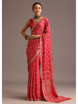 KALKI FASHION - Red Traditional Ajrakh Print Satin Mirror Work Saree with Unstitched Blouse