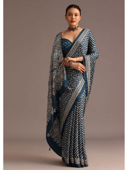 KALKI FASHION - Navy Blue Chevron Ajrakh Printed Satin Saree with Unstitched Blouse