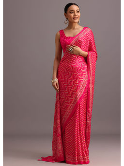 KALKI FASHION - Pink Satin Ajrakh Printed Mirror Work Saree with Unstitched Blouse