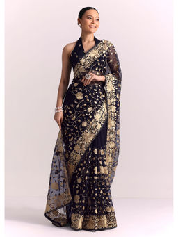 KALKI FASHION - Navy Blue Organza Floral Embroidered Saree with Unstitched Blouse