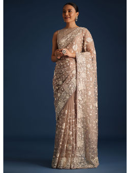 KALKI FASHION - Light Brown Organza Thread Embroidered Saree with Unstitched Blouse