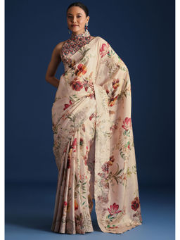 KALKI FASHION - Beige Tissue Floral Printed Pitta Work Saree with Unstitched Blouse