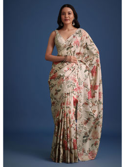 KALKI FASHION - Beige Tissue Pitta Work Floral Digital Print Saree with Unstitched Blouse