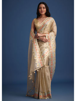 KALKI FASHION - Gold Tissue Floral Embroidered Mirror Work Saree with Unstitched Blouse