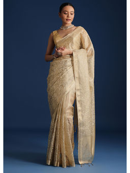 KALKI FASHION - Gold Tissue Embroidered Resham Work Saree with Unstitched Blouse