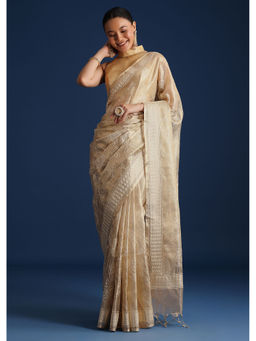 KALKI FASHION - Gold Tissue Embroidered Thread Work Saree with Unstitched Blouse
