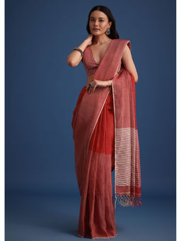 KALKI FASHION - Red Linen Tissue Woven Zari Border Pallu Saree with Unstitched Blouse