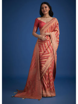 KALKI FASHION - Peach Dola Silk Woven Zari Work Border Saree with Unstitched Blouse