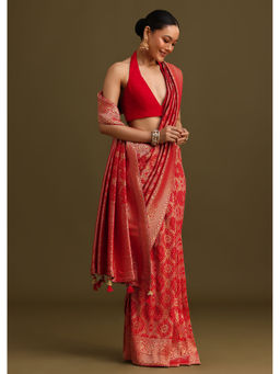 KALKI FASHION - Red Georgette Woven Zari Weave Saree with Unstitched Blouse