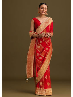 KALKI FASHION - Red Woven Zari Brocade Pallu Saree with Unstitched Blouse