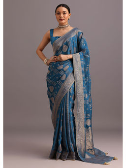KALKI FASHION - Navy Blue Satin Zari Woven Brocade Border Saree with Unstitched Blouse