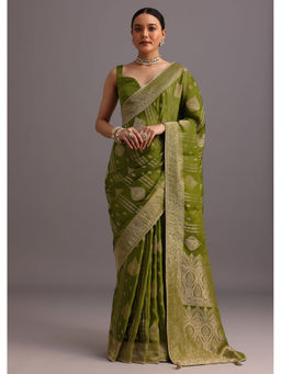 KALKI FASHION - Mehendi Green Zari Woven Satin Silk Saree with Unstitched Blouse