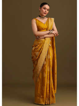KALKI FASHION - Yellow Satin Zari Woven Brocade Border Saree with Unstitched Blouse