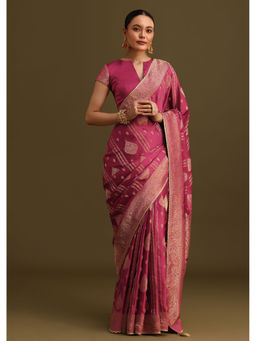 KALKI FASHION - Wine Satin Zari Woven Brocade Border Saree with Unstitched Blouse