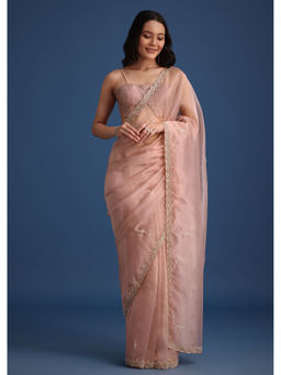KALKI FASHION - Peach Tissue Cutdana Work Embellished Border Saree with Unstitched Blouse