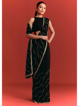 KALKI FASHION - Black Chinon Embellished Sequined Saree with Unstitched Blouse
