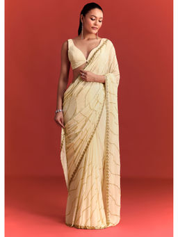 KALKI FASHION - Cream Chinon Embellished Sequined Saree with Unstitched Blouse