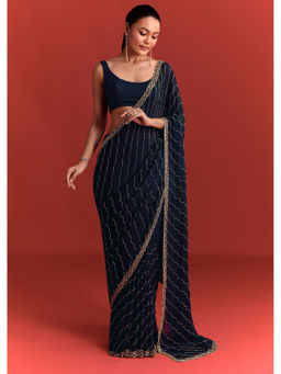 KALKI FASHION - Navy Blue Embellished Sequined Chinon Saree with Unstitched Blouse