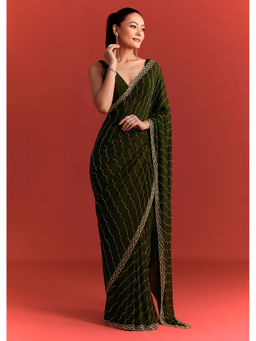 KALKI FASHION - Olive Embellished Sequined Chinon Saree with Unstitched Blouse
