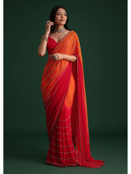KALKI FASHION - Orange and Red Ombre Chinon Embellished Saree with Unstitched Blouse