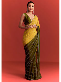 KALKI FASHION - Olive and Mustard Colorblock Chinon Sequined Work Saree with Unstitched Blouse