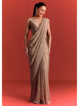 KALKI FASHION - Beige Crepe Silk Embellished Cutdana Work Saree with Unstitched Blouse