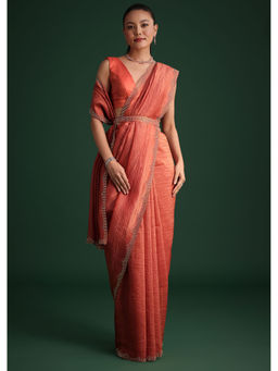 KALKI FASHION - Orange Crushed Tissue Diamond Work Saree with Unstitched Blouse and Belt