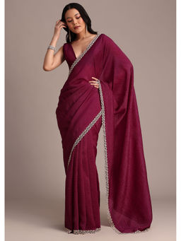 KALKI FASHION - Wine Tissue Solid Embellished Border Saree with Unstitched Blouse
