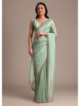 KALKI FASHION - Sea Green Tissue Solid Embellished Border Saree with Unstitched Blouse