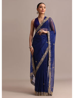 KALKI FASHION - Navy Blue Organza Embroidered Sequined Saree with Unstitched Blouse