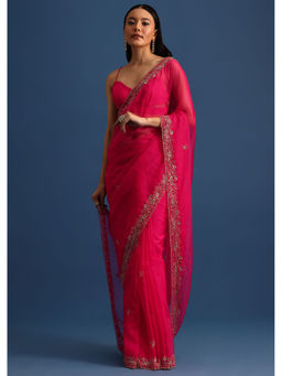 KALKI FASHION - Hot Pink Sequined Embroidered Saree with Unstitched Blouse