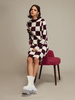 Twenty Dresses by Nykaa Fashion - Wine Checks Knee Length Sheath Sweater Dress
