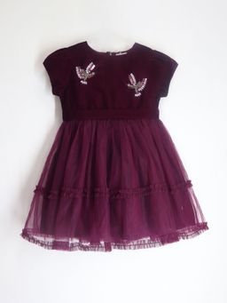 CHERRY CRUMBLE BY NITT HYMAN - Wine & Short Sleeves Embellished Dress