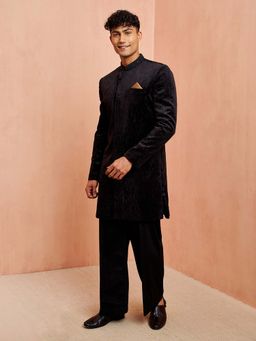 Vastramay - Men Black Velvet Embellished Sherwani with Pant