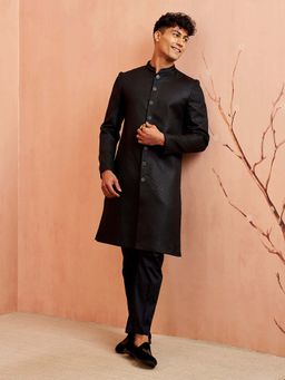 Vastramay - Men Black Jute Indo-Western Sherwani with Pant