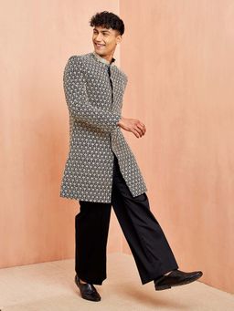 Vastramay - Men Black Embroidered Sherwani with Black Wide Leg Pant