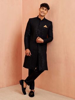 Vastramay - Men Black Rayon Embroidered Sequinned Sherwani with Pant