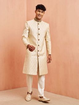 Vastramay - Men Cream Jacquard Sherwani with Pant