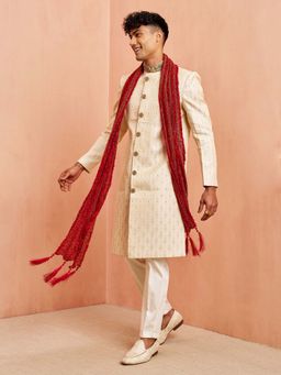 Vastramay - Men Cream Jacquard Sherwani and Pyjama with Dupatta