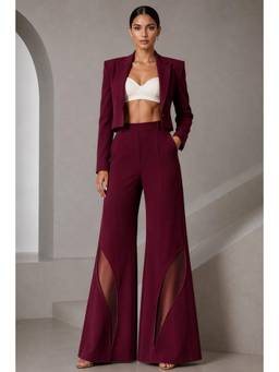 Future Cuts by Shreeya Singh - Wine Lycra Cropped Blazer with Bralette and Pants